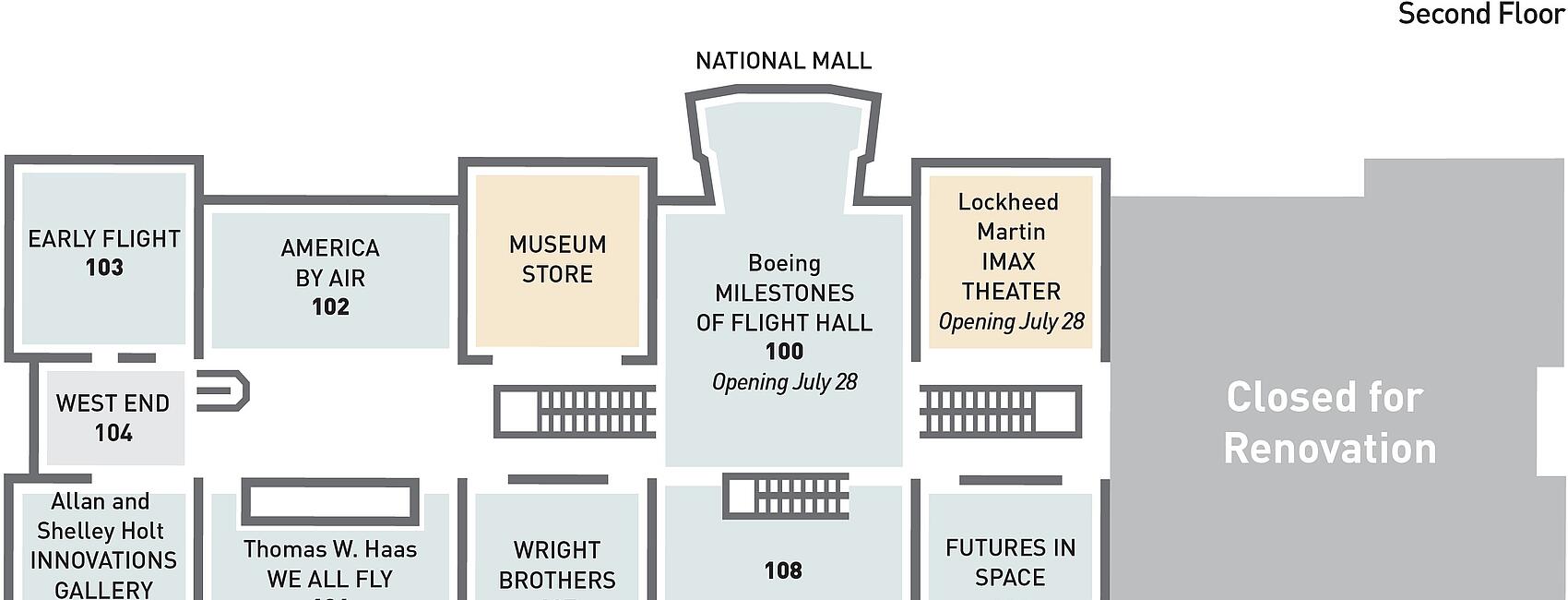 A map of the National Air and Space Museum's Washington, DC location, with three levels. One the east end, a large section of the Museum is closed for renovation. The bottom most level is just a cafe and store. The other levels include exhibit spaces. 